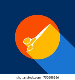 Hair cutting scissors sign. Vector. White icon on tangelo circle with infinite shadow of light at cool   background. Selective yellow and bright navy blue are produced.