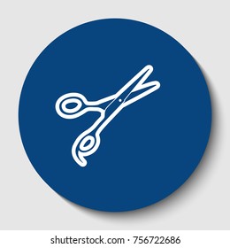 Hair cutting scissors sign. Vector. White contour icon in dark cerulean circle at white background. Isolated.