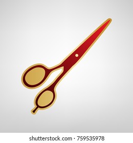 Hair cutting scissors sign. Vector. Red icon on gold sticker at light gray background.