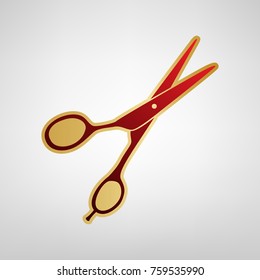 Hair cutting scissors sign. Vector. Red icon on gold sticker at light gray background.