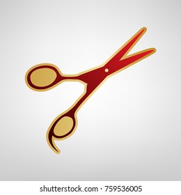 Hair cutting scissors sign. Vector. Red icon on gold sticker at light gray background.