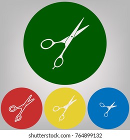 Hair cutting scissors sign. Vector. 4 white styles of icon at 4 colored circles on light gray background.