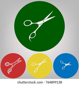 Hair cutting scissors sign. Vector. 4 white styles of icon at 4 colored circles on light gray background.