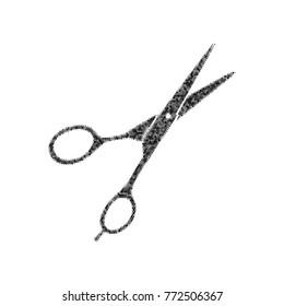 Hair cutting scissors sign. Vector. Black icon from many ovelapping circles with random opacity on white background. Noisy. Isolated.