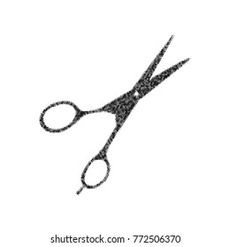 Hair cutting scissors sign. Vector. Black icon from many ovelapping circles with random opacity on white background. Noisy. Isolated.