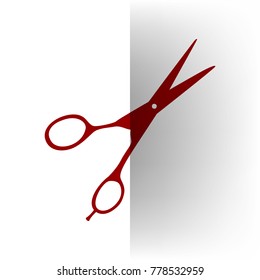 Hair cutting scissors sign. Vector. Bordo icon on white bending paper background.