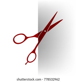 Hair cutting scissors sign. Vector. Bordo icon on white bending paper background.