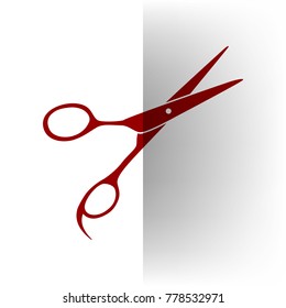 Hair cutting scissors sign. Vector. Bordo icon on white bending paper background.