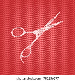 Hair cutting scissors sign. Vector. Knitted white icon on a red knitted background.