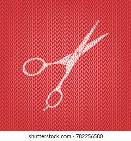 Hair cutting scissors sign. Vector. Knitted white icon on a red knitted background.