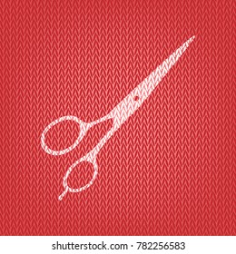 Hair cutting scissors sign. Vector. Knitted white icon on a red knitted background.