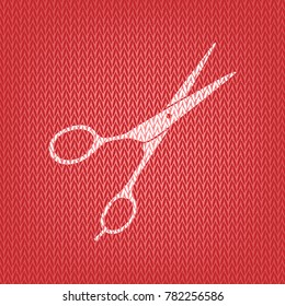 Hair cutting scissors sign. Vector. Knitted white icon on a red knitted background.