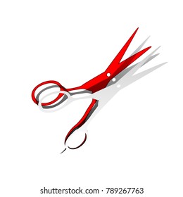 Hair cutting scissors sign. Vector. Detachable paper icon with red body stock. Isolated.