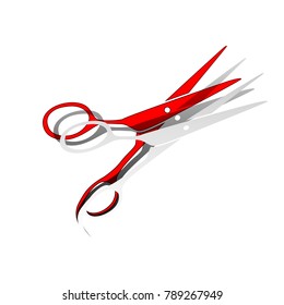 Hair cutting scissors sign. Vector. Detachable paper icon with red body stock. Isolated.