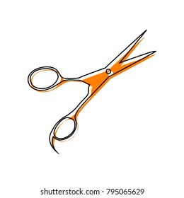 Hair cutting scissors sign. Vector. Black line icon with shifted flat orange filled icon on white background. Isolated.