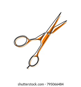 Hair cutting scissors sign. Vector. Black line icon with shifted flat orange filled icon on white background. Isolated.