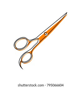 Hair cutting scissors sign. Vector. Black line icon with shifted flat orange filled icon on white background. Isolated.