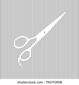 Hair cutting scissors sign. Vector. White icon on grayish striped background. Optical illusion.