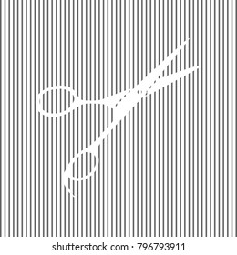 Hair cutting scissors sign. Vector. White icon on grayish striped background. Optical illusion.