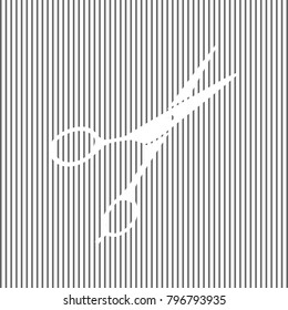 Hair cutting scissors sign. Vector. White icon on grayish striped background. Optical illusion.