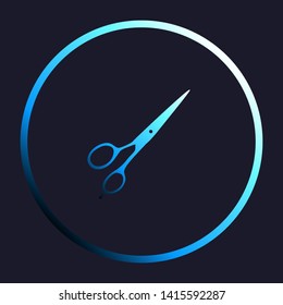 Hair cutting scissors sign. White, cyan and blue gradient icon as round button in white shell at dark blue background. Illustration.