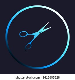 Hair cutting scissors sign. White, cyan and blue gradient icon as round button in white shell at dark blue background. Illustration.