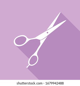 Hair cutting scissors sign. White Icon with long shadow at purple background. Illustration.