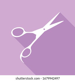 Hair cutting scissors sign. White Icon with long shadow at purple background. Illustration.