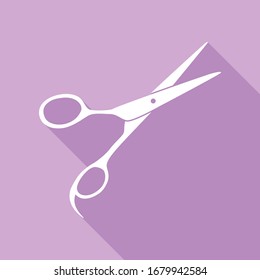 Hair cutting scissors sign. White Icon with long shadow at purple background. Illustration.