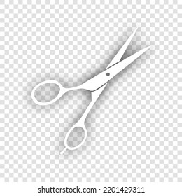 Hair cutting scissors sign. White Icon with dropped natural gray Shadow at transparent Background. Illustration.