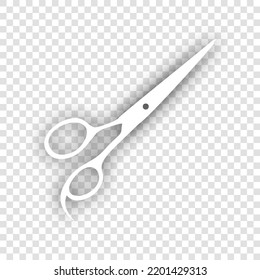 Hair cutting scissors sign. White Icon with dropped natural gray Shadow at transparent Background. Illustration.