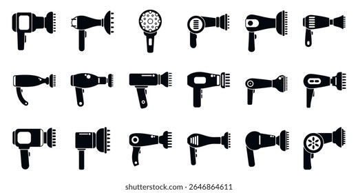  Ícones do difusor de cabelo definidos. Coleção de ícones de secador de cabelo representando vários modelos para secar e pentear o cabelo, apresentando diversos projetos e funcionalidades para cuidados profissionais do cabelo
