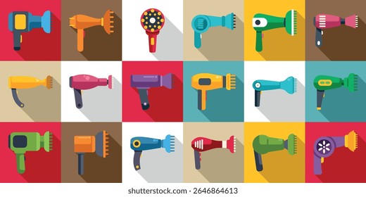  Ícones do difusor de cabelo definidos. Ícones coloridos de secador de cabelo representam ferramentas de estilo de ar quente usadas por cabeleireiros e barbeiros em salões de beleza e barbearias
