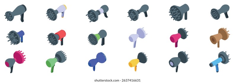 Hair diffuser icons set. Hair dryer diffuser icons set isometric vector. Styling hair diffuser. Modern hairdressing