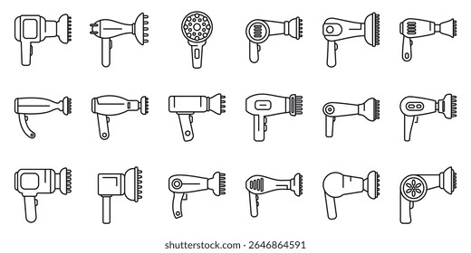  Hair diffuser icons set. Hair dryer icons set featuring various blow dryer designs for professional hair styling and salon use