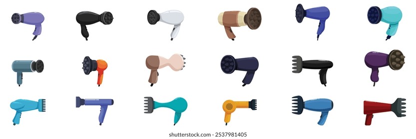 Hair diffuser icons set. Variety of hair dryers showcasing diverse designs and attachments for professional hair care and styling