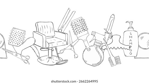 Haardoodle Objekte, Symbole und Gegenstände Salon nahtlose horizontale Grenze. Vektorgrafik mit Linien-Freihandgrafik. Banner, Poster, Umschlagpapier, Aufkleber, Print, modernes Textildesign.
