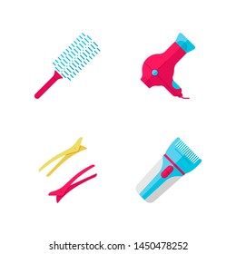 Hair dress flat design long shadow color icons set. Professional hairstyling. Hairdresser tools. Comb, hairdryer, hair clips, clipper. Barber accessories. Vector silhouette illustrations