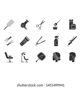 Hair dress glyph icons set. Professional hairstyling. Hairdresser tools, equipment and services. Barbershop, beauty salon maintenance. Hair care. Silhouette symbols. Vector isolated illustration