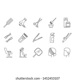 Hair dress linear icons set. Professional hairstyling. Hairdresser tools, equipment, services. Barbershop. Hair care. Thin line contour symbols. Isolated vector outline illustrations. Editable stroke