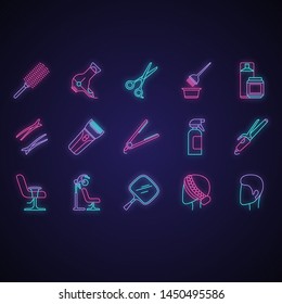 Hair dress neon light icons set. Professional hairstyling. Hairdresser tools, equipment and services. Barbershop, beauty salon maintenance. Hair care. Glowing signs. Vector isolated illustrations