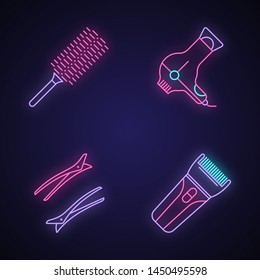 Hair dress neon light icons set. Professional hairstyling. Hairdresser tools. Comb, hairdryer, hair clips, clipper. Haircut, styling. Barber accessories. Glowing signs. Vector isolated illustrations