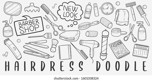 Hair Dress Saloon Doodle Line Art Illustration. Hand Drawn Vector Clip Art. Banner Set Logos.