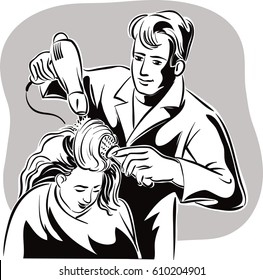 Hair dresser in his studio, while asciugae combs the hair to a client.