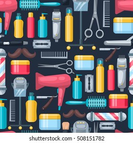 Hair dressing and beauty salon professional accessories pattern with colorful elements and tools on dark background vector illustration