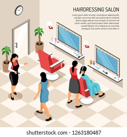 Hair dressing salon in beige color with stylists clients professional equipment and interior objects  isometric vector illustration