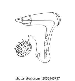 Secador de pelo con accesorio para el dibujo continuo del pelo rizado. Una línea de arte de electrodomésticos, baño, pelo seco, estilismo, artículos de peluquería.