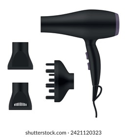 Hair dryer with attachments hairstyle beauty warm cold air blow black device set realistic vector illustration. Plastic appliance for hairdresser hairdo styling electric equipment fashion brush blower