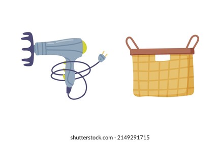 Hair Dryer or Blow Dryer for Hair Drying and Laundry Basket Vector Set