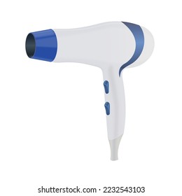 Hair dryer, blue and white body, 3d vector rendering